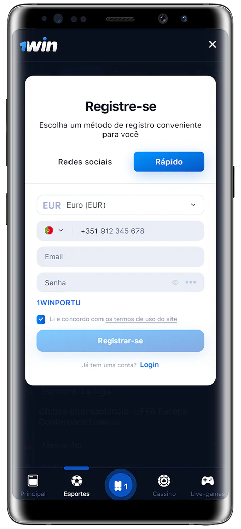 Captura de ecrã da página de registo da aplicação 1Win